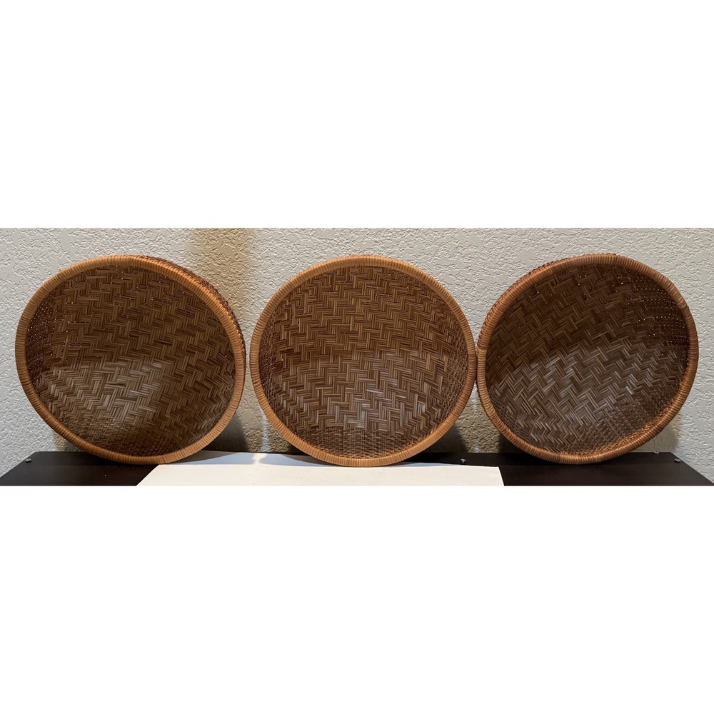 Set of 3 Round Wicker Basket Brown Medium 11x11x4" Indoor Free Standing Décor